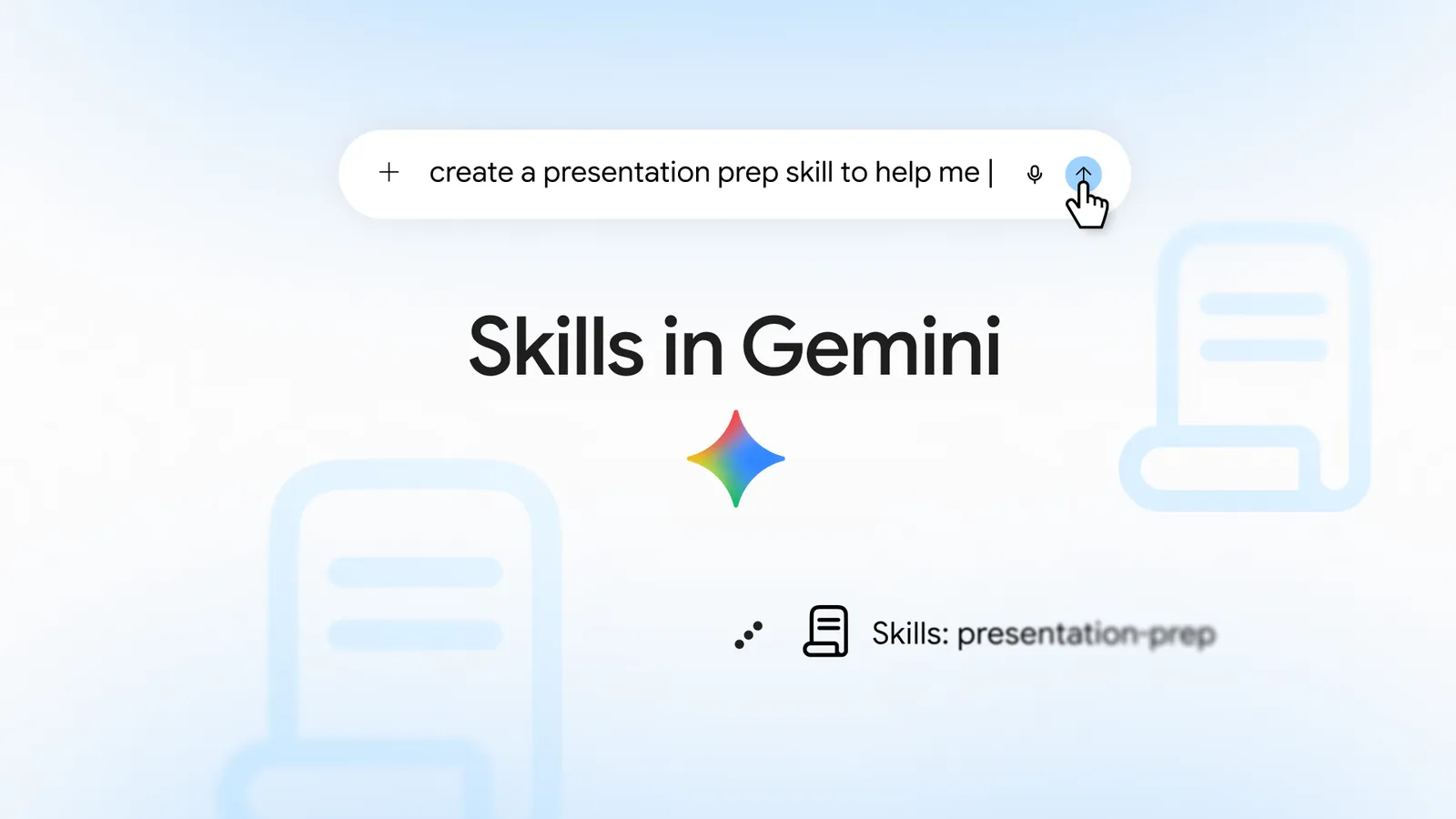 하늘색 배경에 'Skills in Gemini' 문구와 제미나이 별 아이콘, 스킬을 만드는 프롬프트 입력창이 놓인 그래픽.