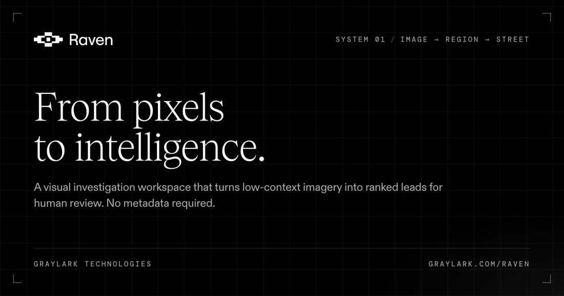 검은 배경에 Raven 로고와 From pixels to intelligence 문구가 적힌 Graylark 홍보 이미지